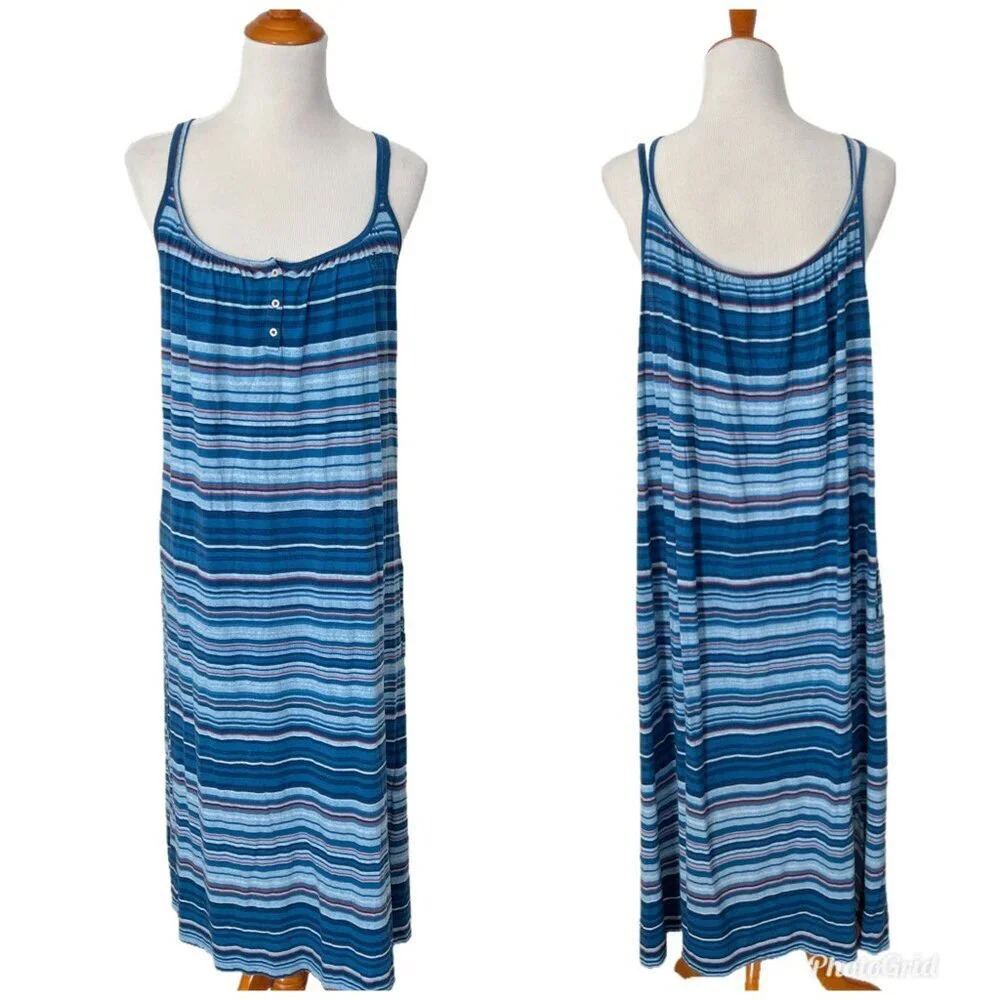 Ralph Lauren XL Double Strap Button Neck Striped Ballet Night Gown w pockets